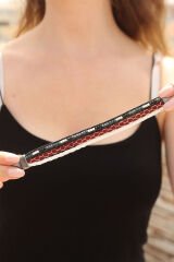 Bordo Renk Desenli Tasarımlı Taşlı Beyaz Örgü Model Kadın Deri Bileklik