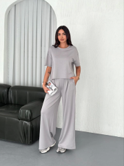 Osy Modal Yumuşak Dokulu Kumaş Bisiklet Yaka T-shirt  Bol Paça Pantalon Ikili Takım - Boyalı Gri