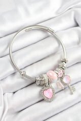 316L Çelik Pembe Zirkon Taşlı Yıldız Anahtar Ve Kalp Model Gümüş Renk Charm Bileklik