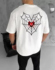 Unisex Bisiklet Yaka Baskılı Oversize T-Shirt - Beyaz