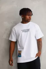 Unisex Bisiklet Yaka Baskılı Oversize T-Shirt - Beyaz