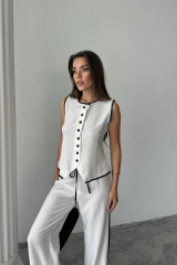 KETEN KENARLARI BİYELİ YELEK - PANTOLON TAKIM - Beyaz