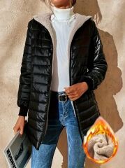 Kadın Uzun Kollu Kapşonlu Cep Detaylı Fermuarlı Orta Boy Mont