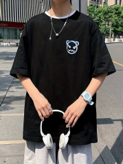 Baskılı Oversize Bisiklet Yaka T-shirt - Siyah