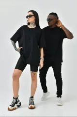 Unisex Basic Bisiklet Yaka Oversize T-Shirt - Siyah