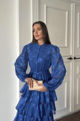 Saks Valonlu Şeritli Kat Kat Elbise
