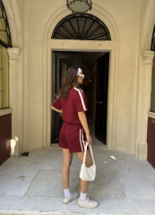 Osy Modal Yumuşak Dokulu Kumaş Parçalı Bisiklet Yaka T-shirt Mini Şortlu Etek İkili Takım -Bordo