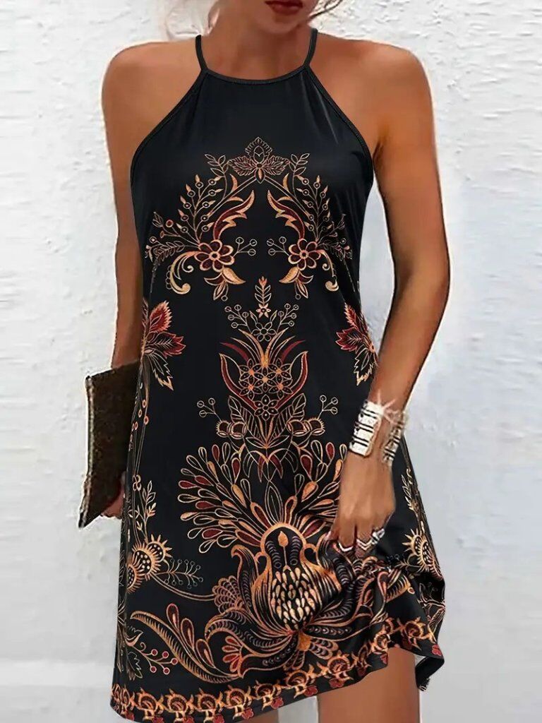 Kadın Sıfır Kollu Halter Yakalı Desenli Süprem Elbise