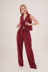 Ön Bağlama Detaylı Yelek Ve Pantolon Bordo İkili Takım