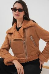 5155 Kruvaze Yaka Suni Kürklü Deri Mont - A.Kahve