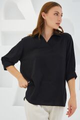 Siyah Gömlek Yaka Saten Bluz 0493