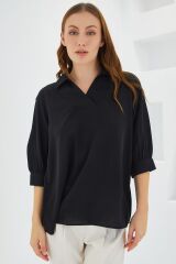 Siyah Gömlek Yaka Saten Bluz 0493