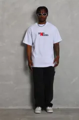 Unisex Bisiklet Yaka Double Oversize Baskılı T-Shirt - Beyaz