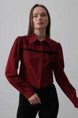 Önü Kontrast Fiyonklu Gömlek - Bordo